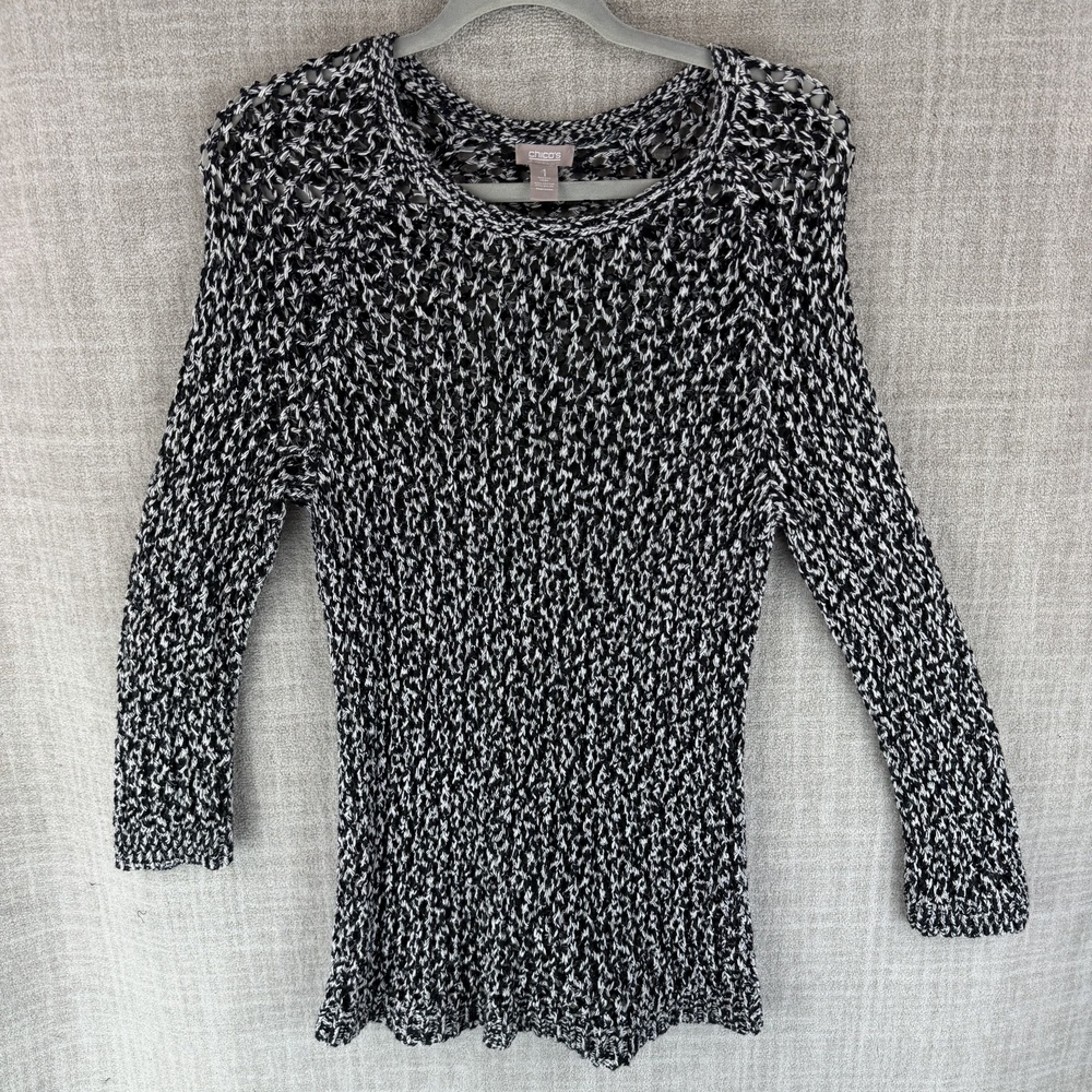 Chico's Sweater Womens 1 Black Pullover Crew Neck Open-Knit Lightweight
